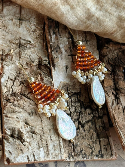 Mist Rose Agate Baroque Pearl Earrings