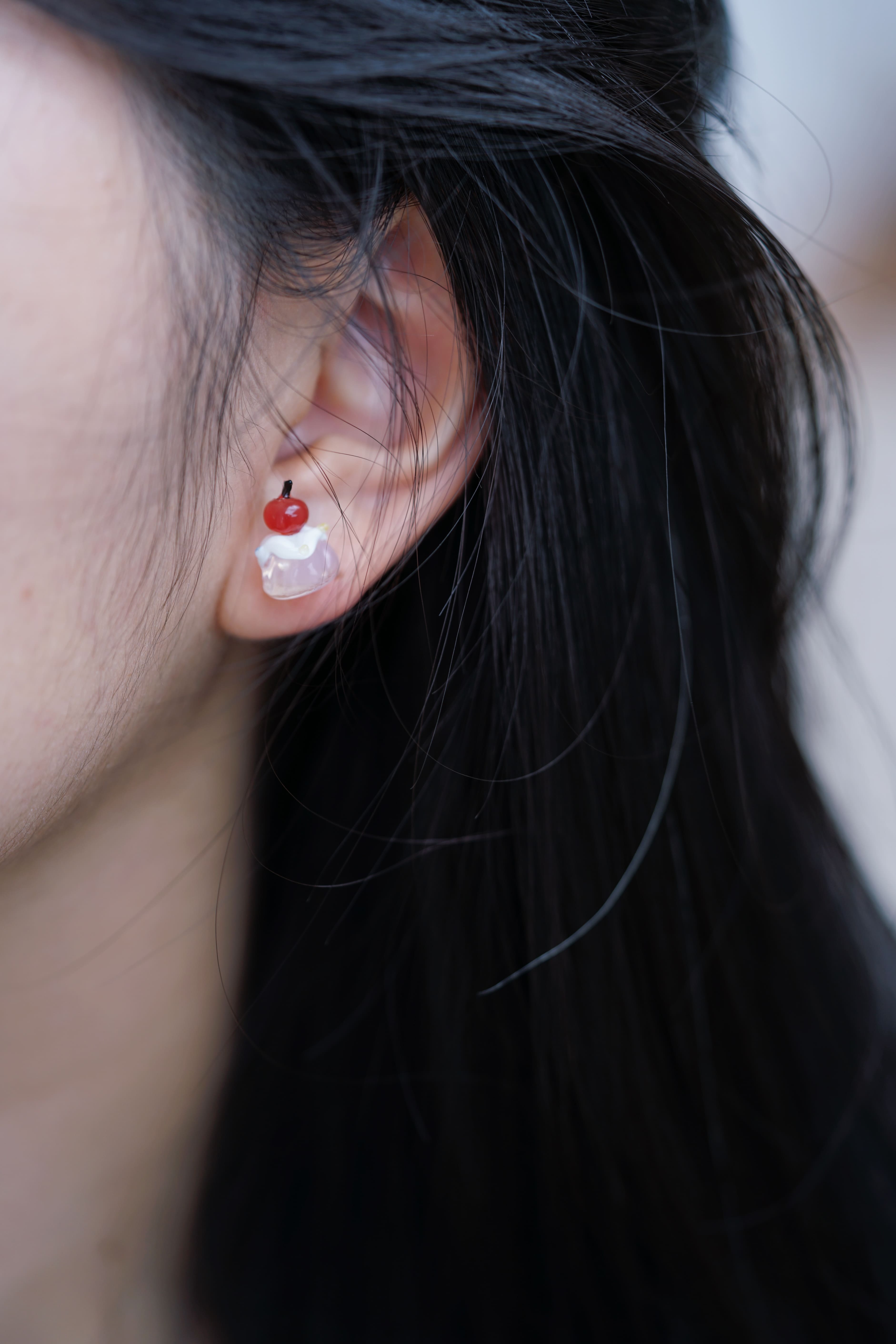 Cherry Cream Cake Glass Earrings,Pink / Studs(925 Silver),Lumivault.