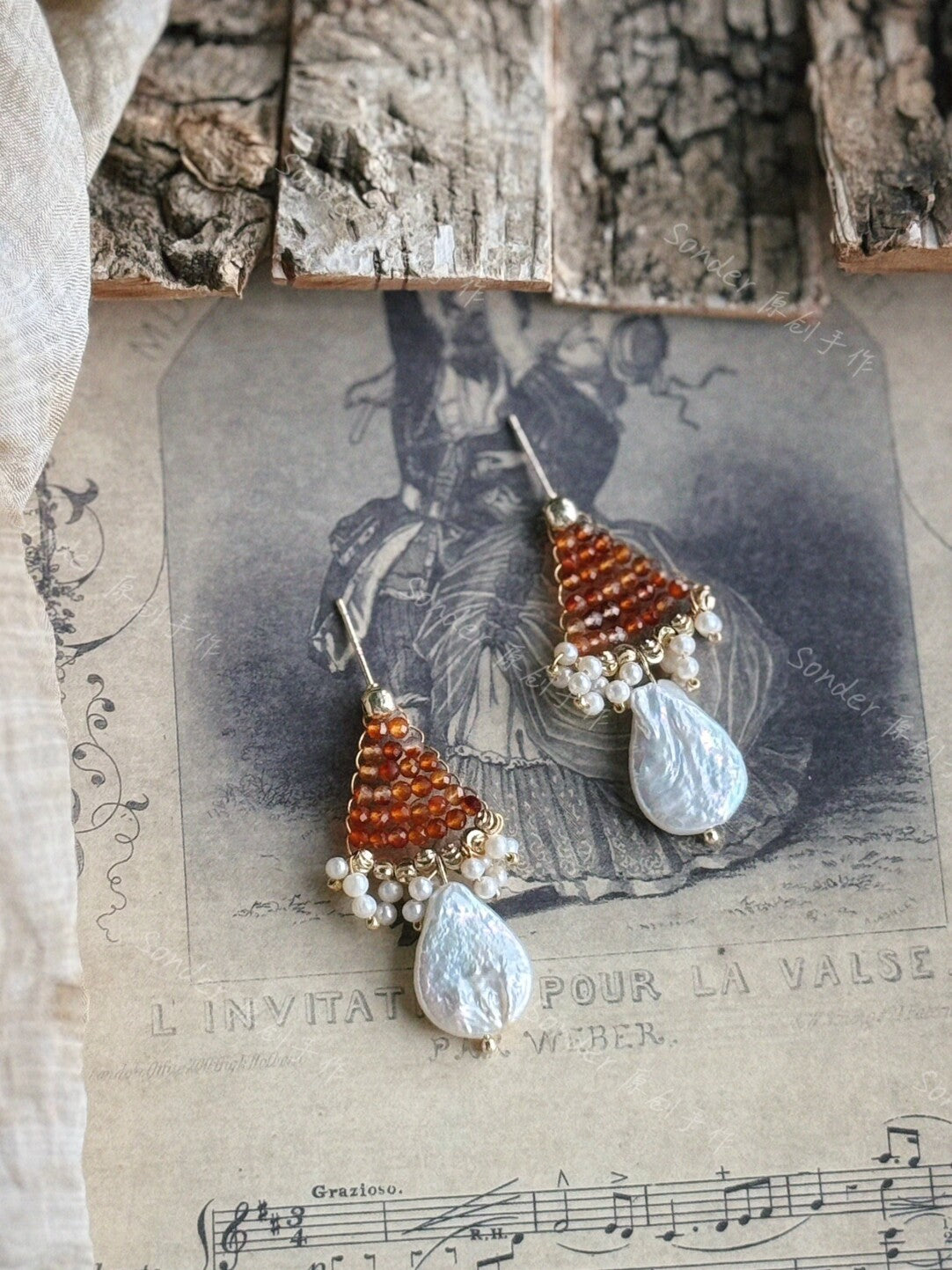 Mist Rose Agate Baroque Pearl Earrings,Lumivault.