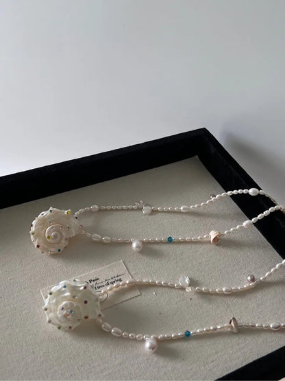 Handmade Conch Freshwater Pearl Beaded Necklace,Lumivault.