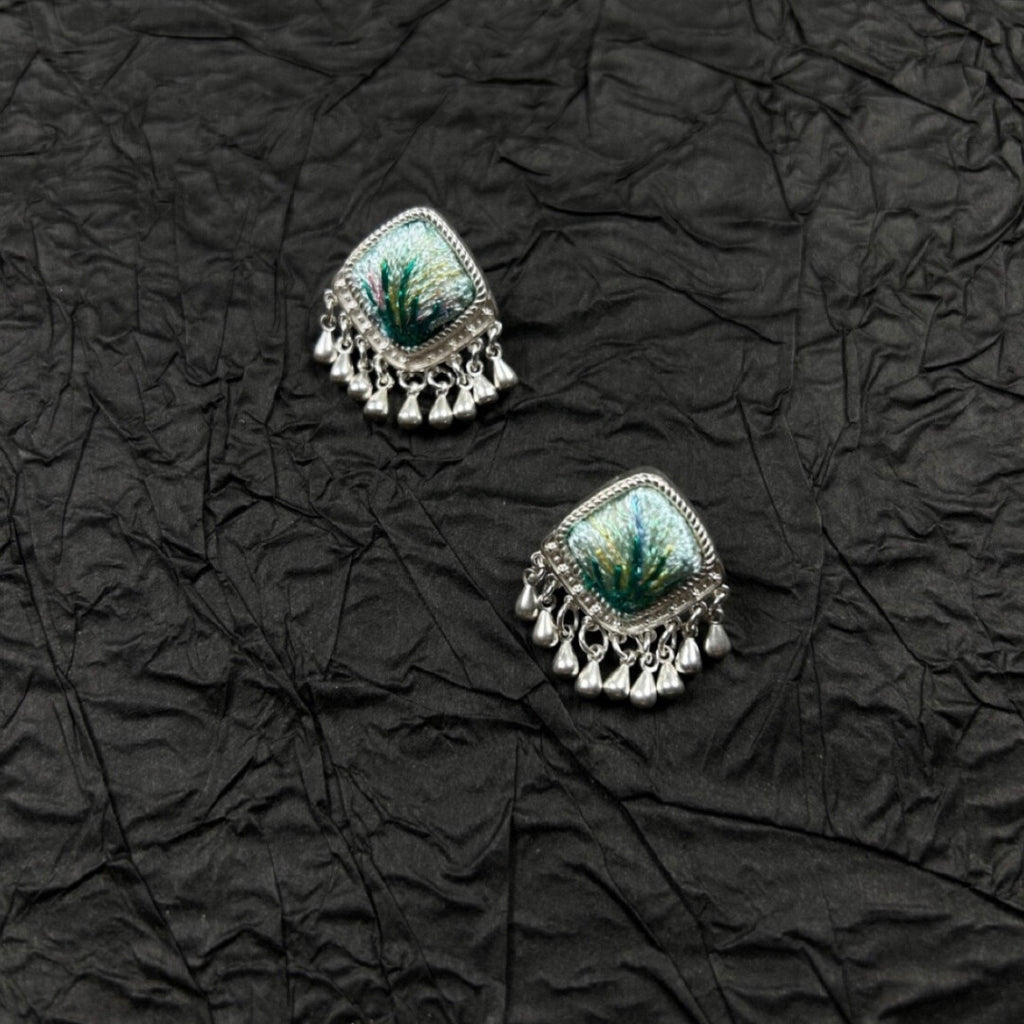 Miao Silver Motif Stud Earrings,Dark Green,Lumivault.