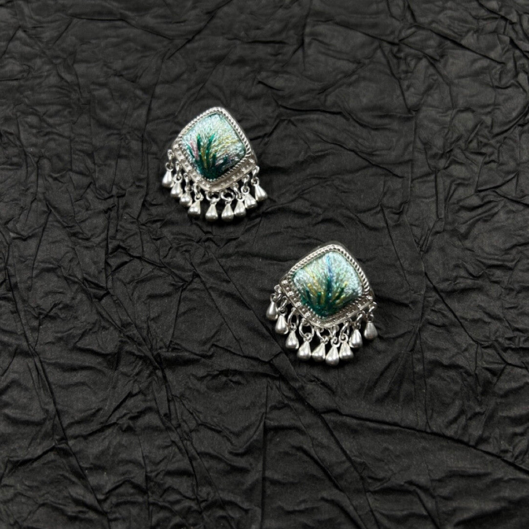 Miao Silver Motif Stud Earrings,Dark Green,Lumivault.