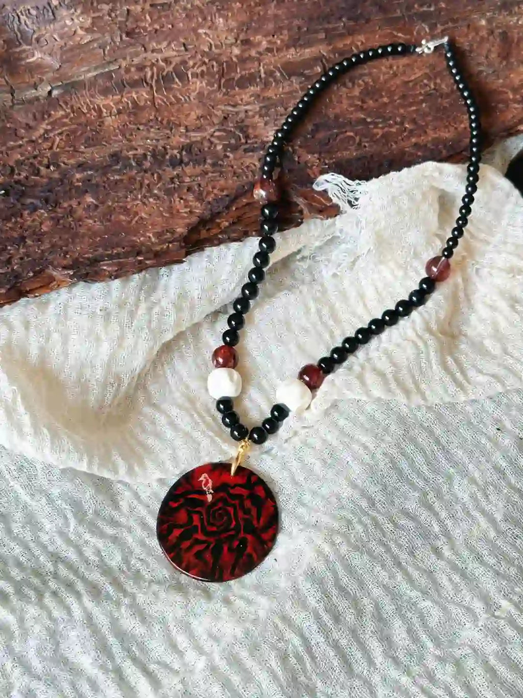 Seven Crows Lacquer Obsidian Deer Bone Necklace,Lumivault.