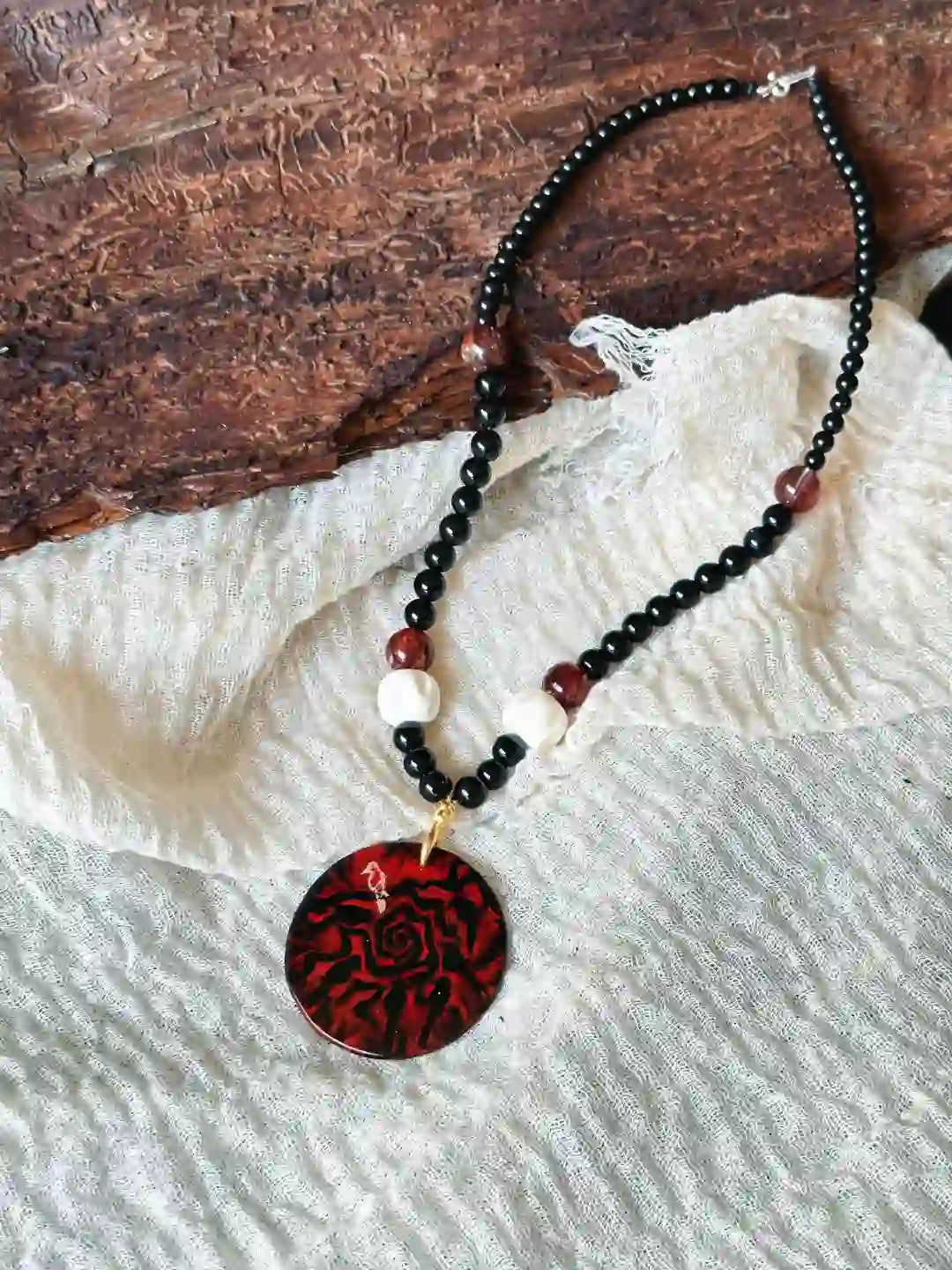 Seven Crows Lacquer Obsidian Deer Bone Necklace