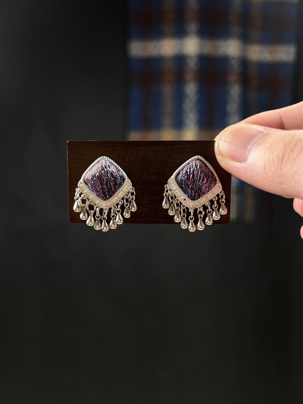 Miao Silver Motif Stud Earrings,Purple,Lumivault.