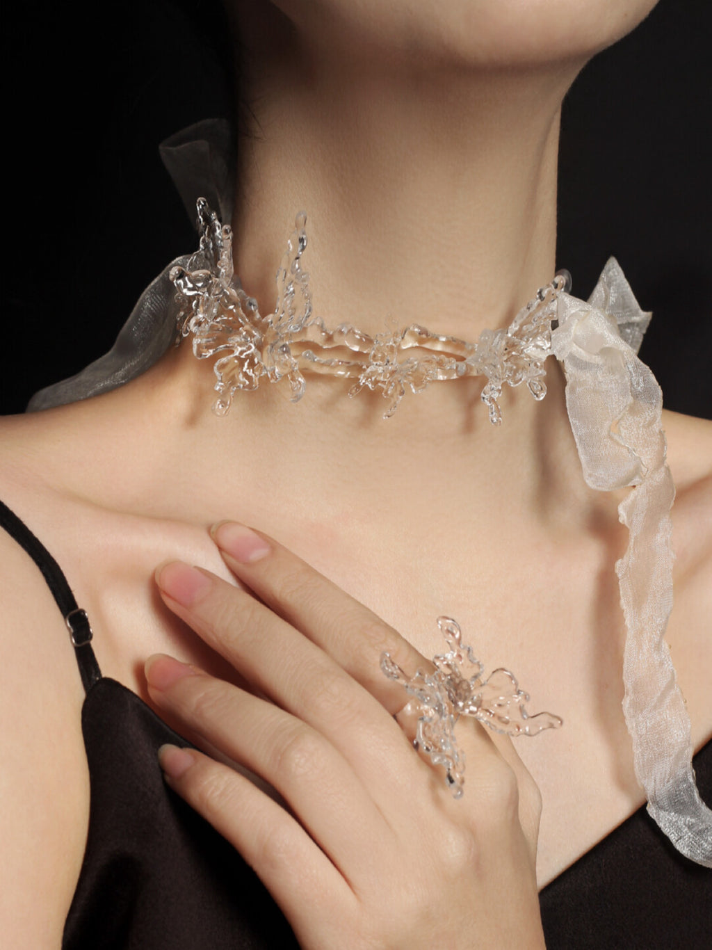 Resin Butterfly Choker with Organza Ribbon,Transparent / S,Lumivault.