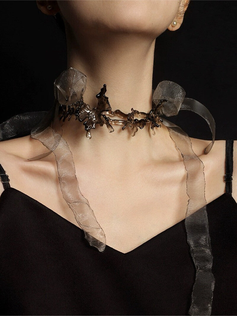 Resin Butterfly Choker with Organza Ribbon,Smoke Gray / S,Lumivault.