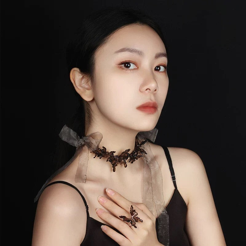 Resin Butterfly Choker with Organza Ribbon,Lumivault.