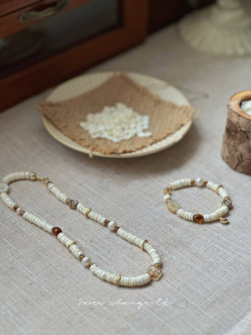 Beige Shell Beaded Necklace,Lumivault.