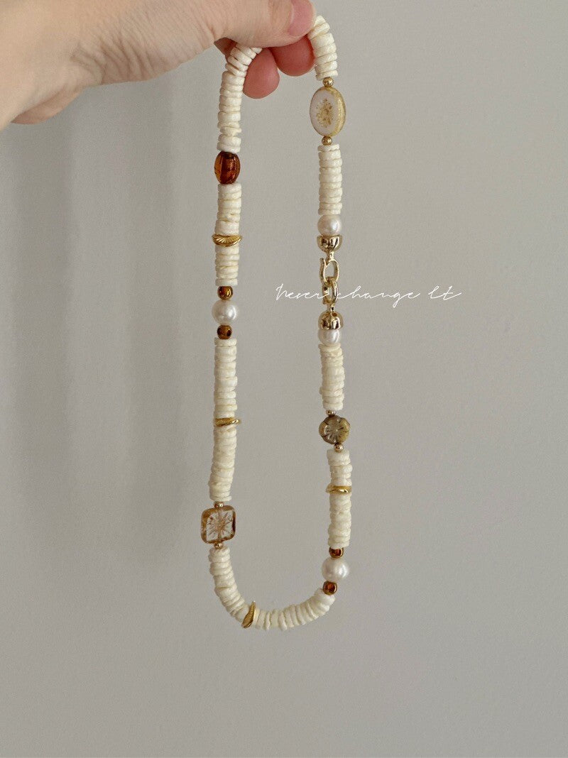 Beige Shell Beaded Necklace,Lumivault.