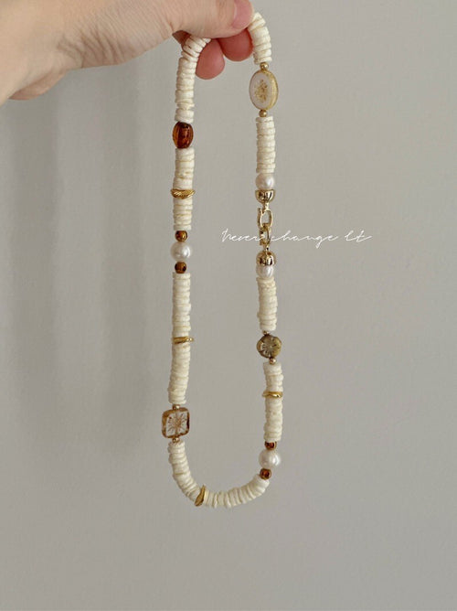Beige Shell Beaded Necklace,Lumivault.