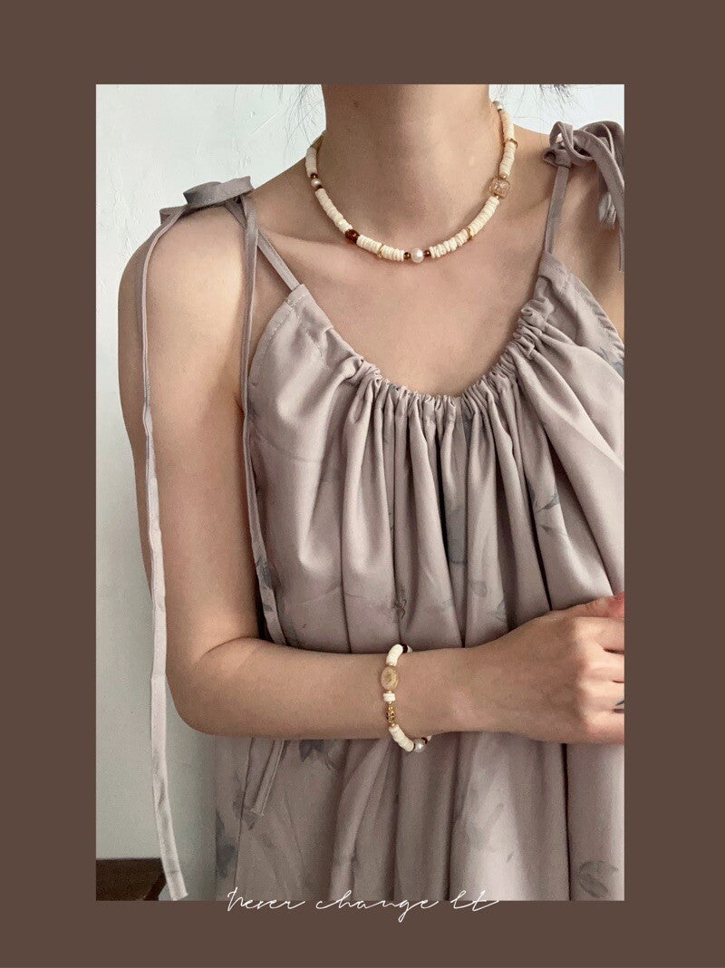Beige Shell Beaded Necklace,Lumivault.
