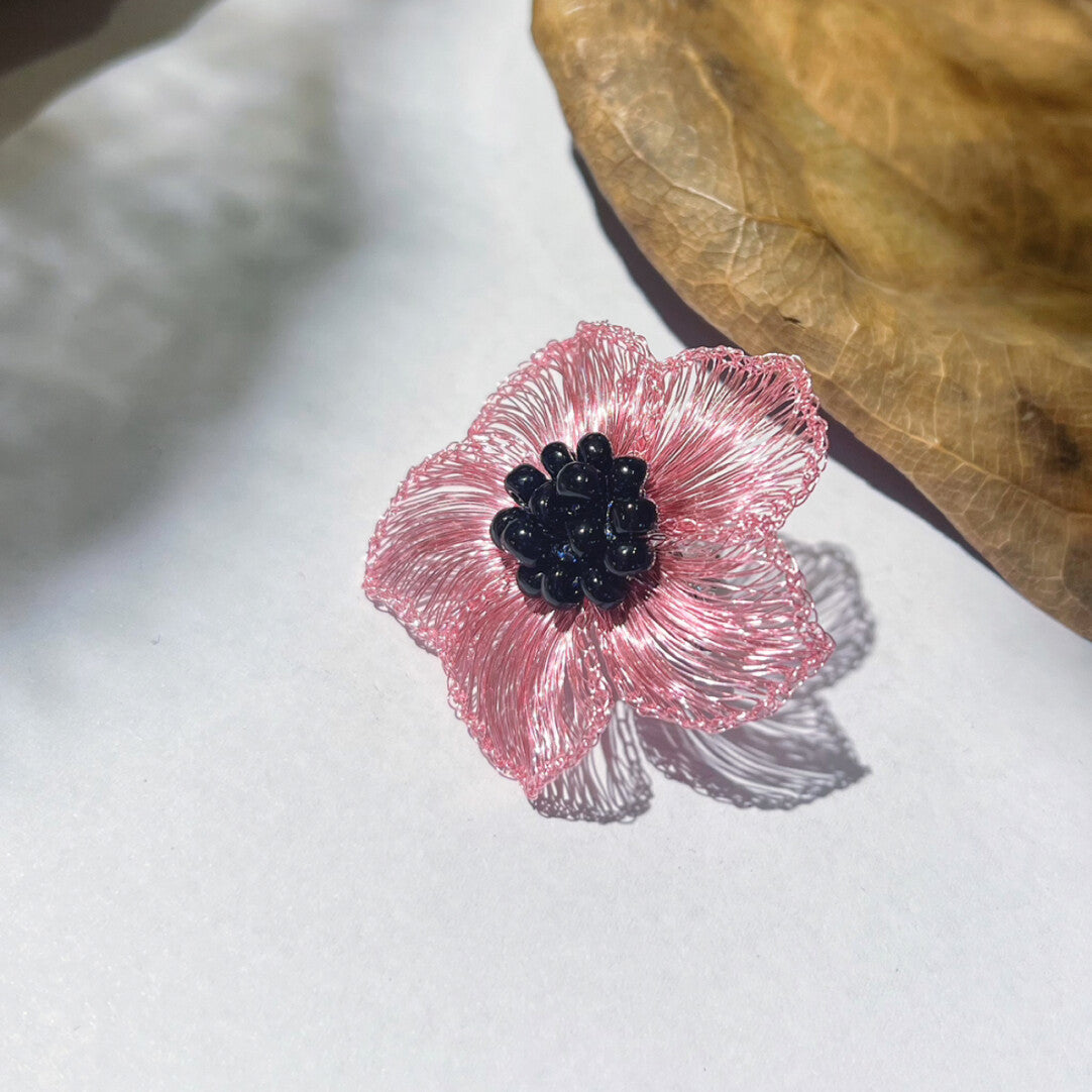 Black Pink Metal Wire Woven Flower Earrings,Lumivault.
