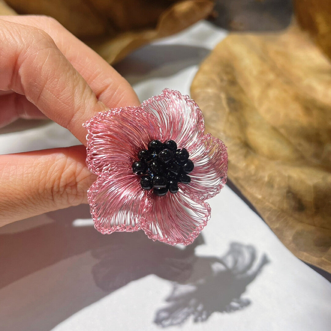 Black Pink Metal Wire Woven Flower Earrings,Lumivault.