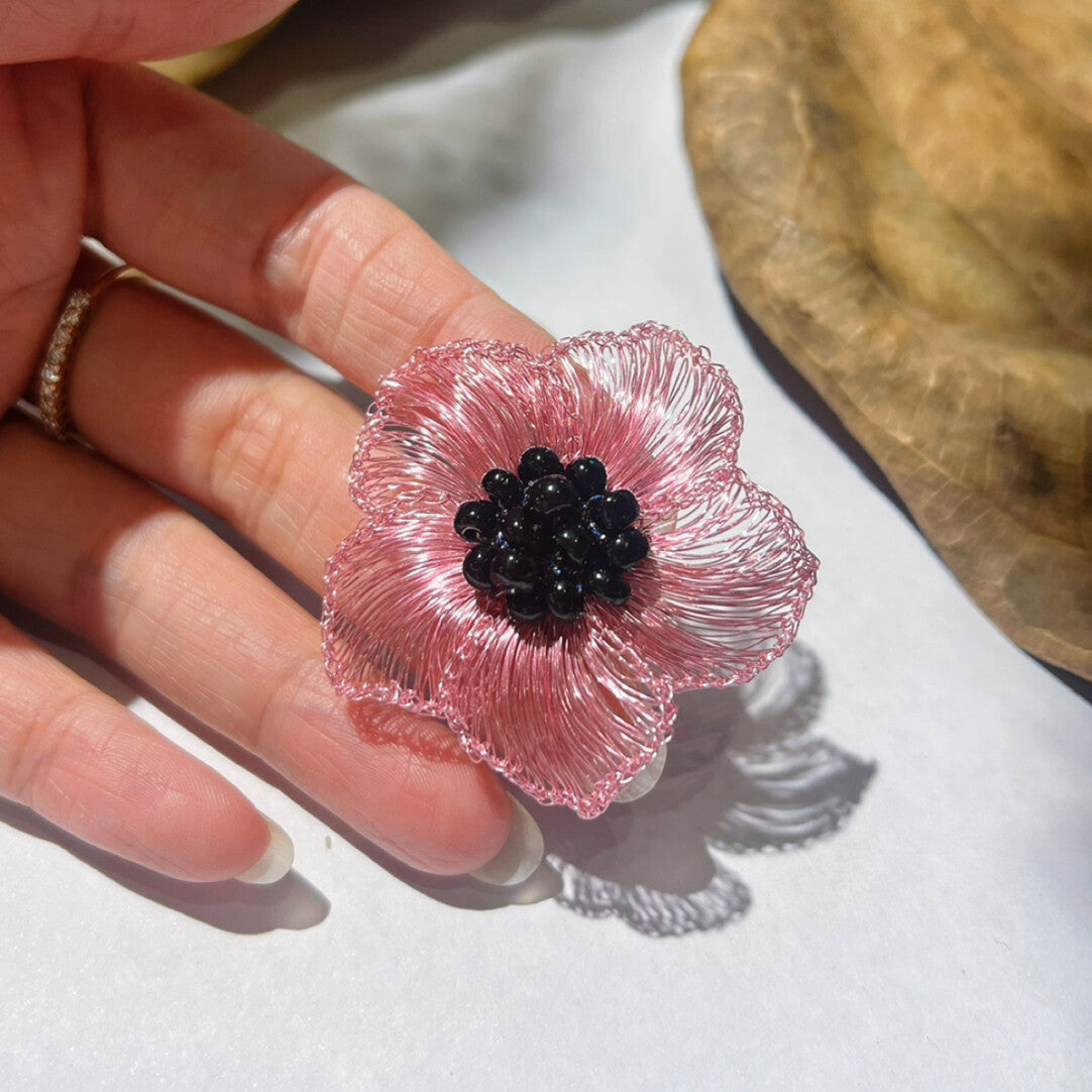 Black Pink Metal Wire Woven Flower Earrings,Lumivault.