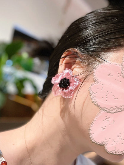 Black Pink Metal Wire Woven Flower Earrings