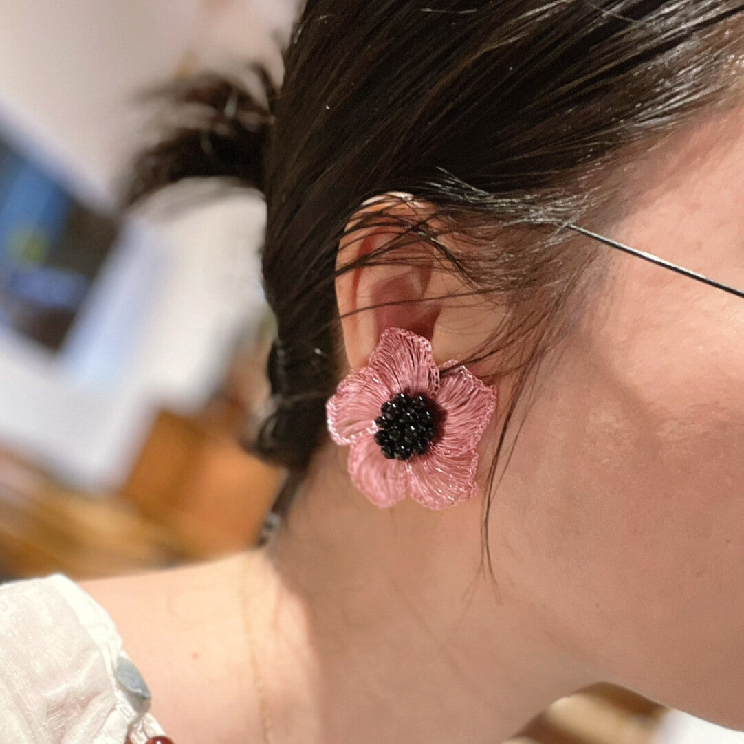 Black Pink Metal Wire Woven Flower Earrings,Lumivault.