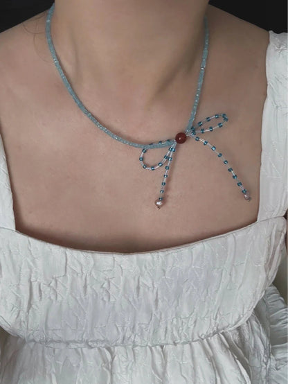 Blue Bow Pearl Beaded Necklace - Lumivault