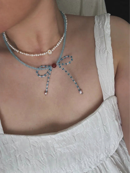 Blue Bow Pearl Beaded Necklace - Lumivault
