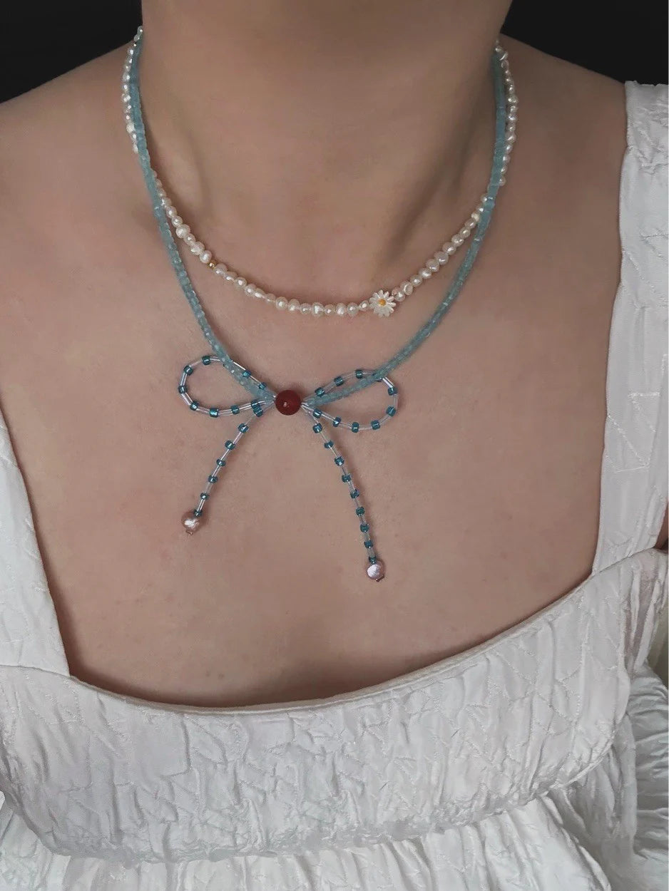 Blue Bow Pearl Beaded Necklace - Lumivault