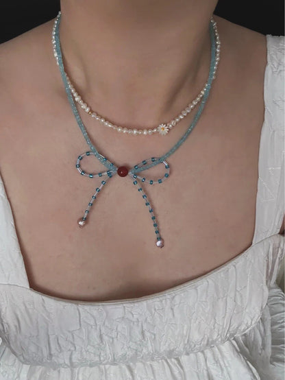 Blue Bow Pearl Beaded Necklace - Lumivault