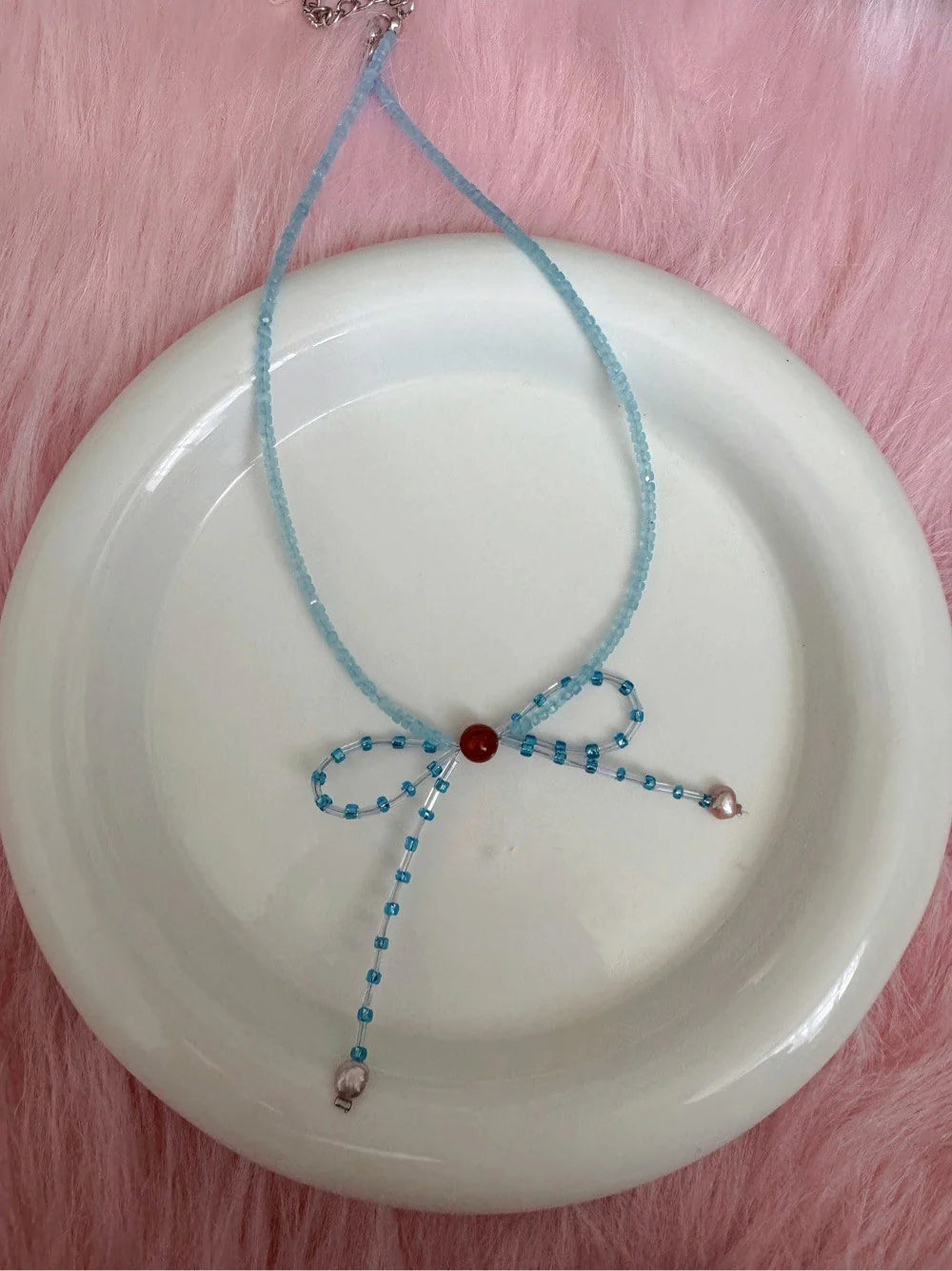 Blue Bow Pearl Beaded Necklace - Lumivault