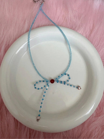 Blue Bow Pearl Beaded Necklace - Lumivault