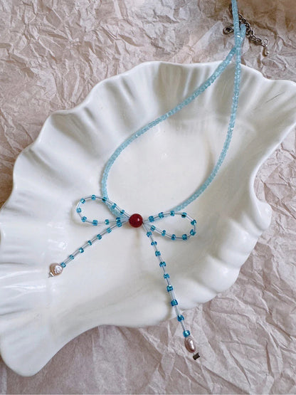 Blue Bow Pearl Beaded Necklace - Lumivault