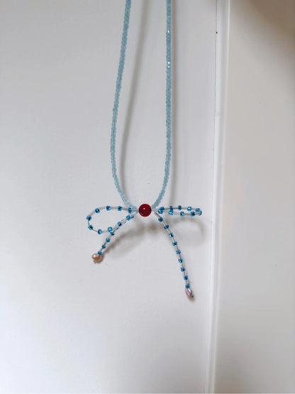 Blue Bow Pearl Beaded Necklace - Lumivault