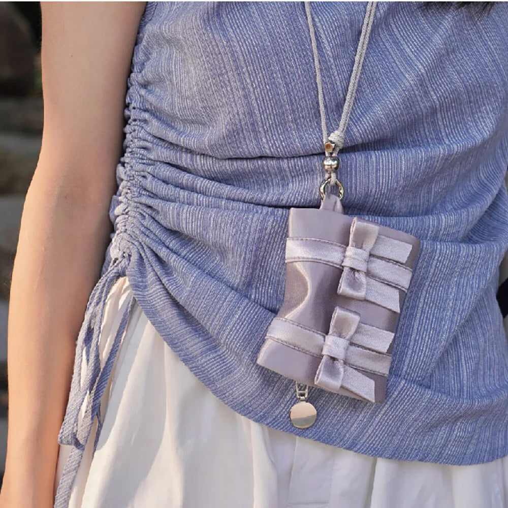 Bow Lanyard Mini Card Holder,Silver,Lumivault.