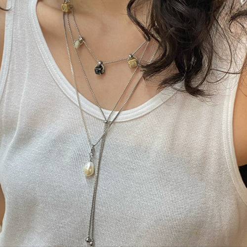 Ceramic Square Bead Stacked Titanium Steel Necklace,Lumivault.