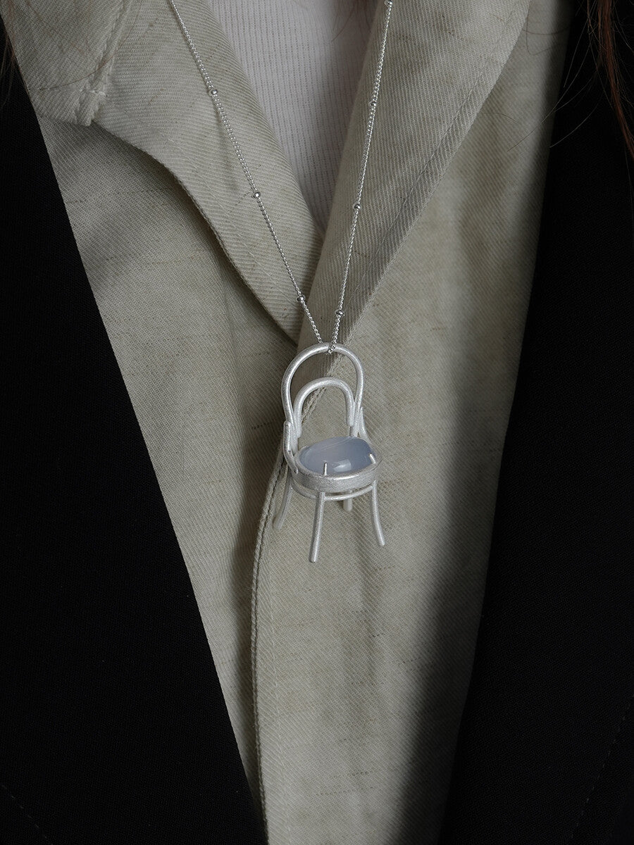 Chair Blue Agate Silver Necklace,Lumivault.