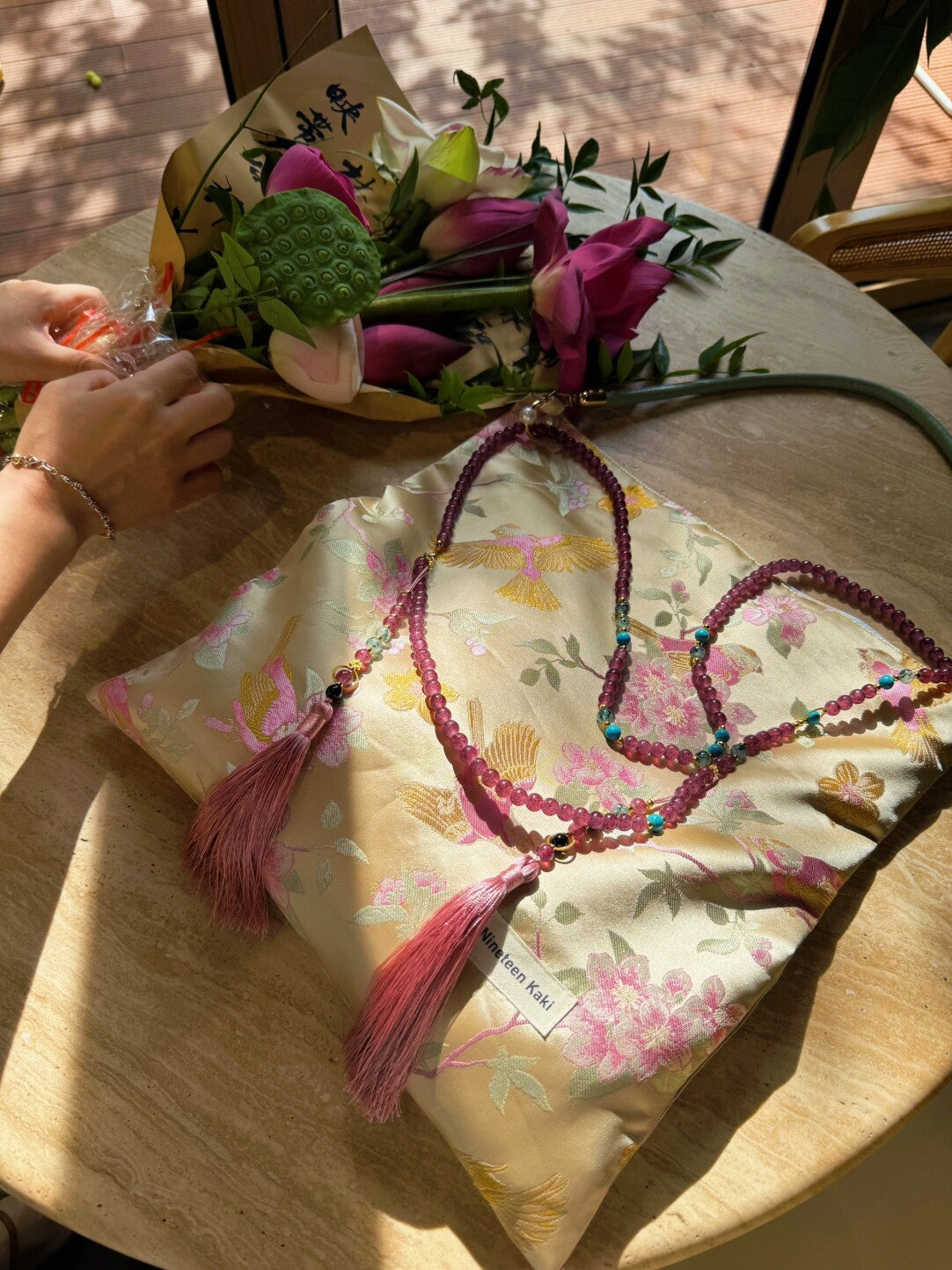 Chinoiserie Luxury Peach Blossom Magpie Purple Beads Tassel Silk Bag - Lumivault