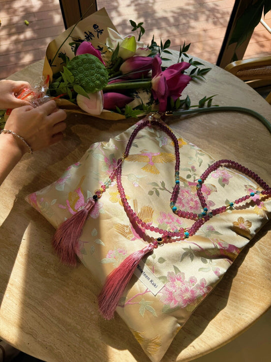 Chinoiserie Luxury Peach Blossom Magpie Purple Beads Tassel Silk Bag - Lumivault
