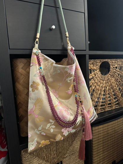 Chinoiserie Luxury Peach Blossom Magpie Purple Beads Tassel Silk Bag - Lumivault