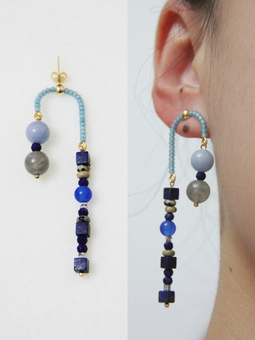 Chinoiserie Asymmetrical Blue Natural Stone Earrings,Lumivault.