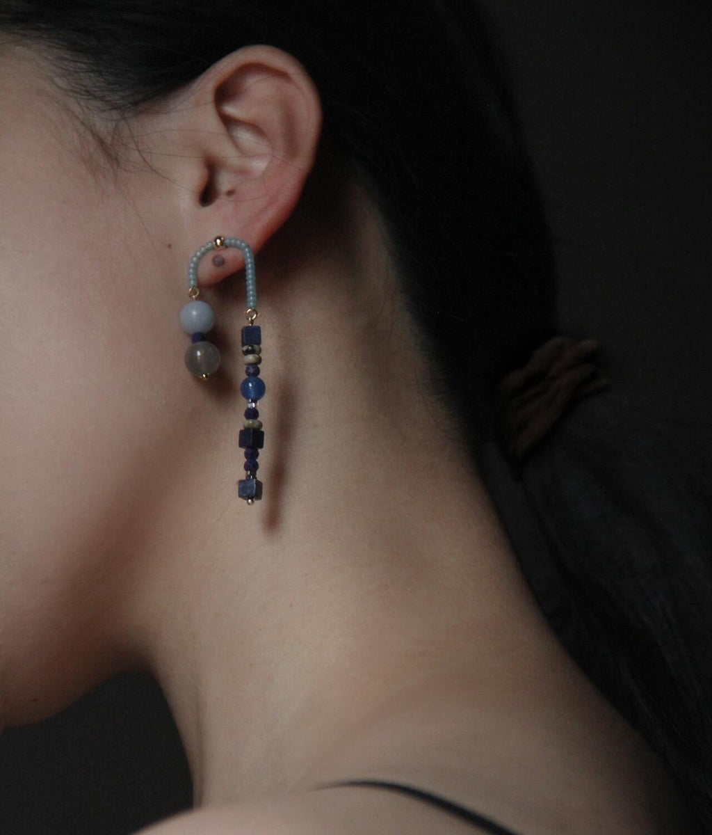 Chinoiserie Asymmetrical Blue Natural Stone Earrings,Lumivault.
