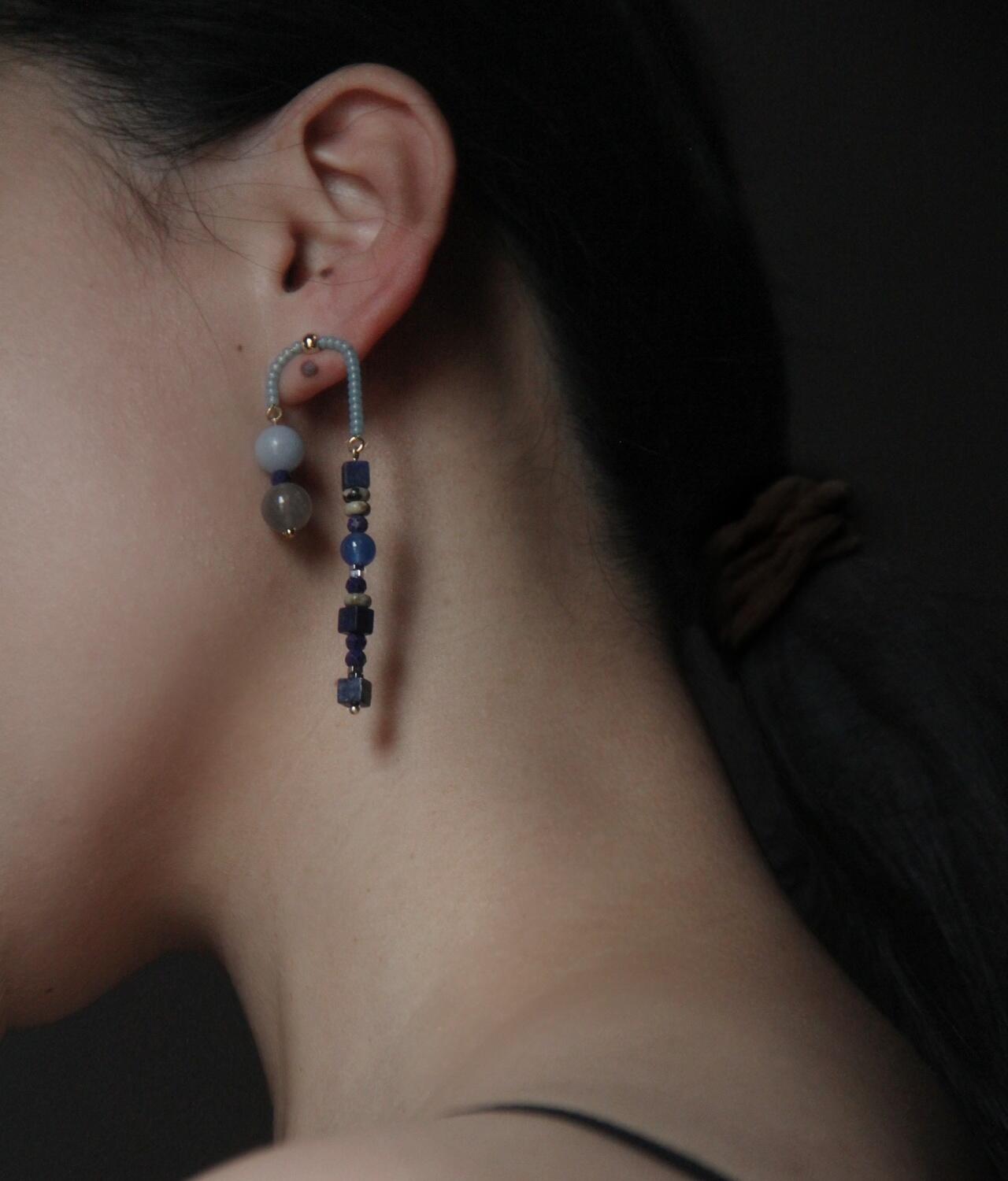 Chinoiserie Asymmetrical Blue Natural Stone Earrings,Lumivault.