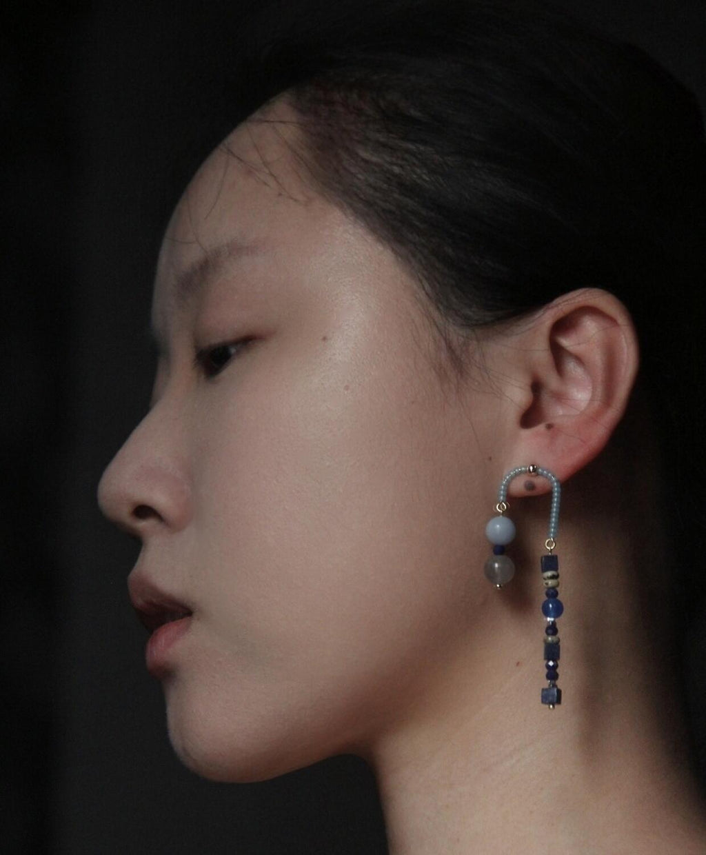 Chinoiserie Asymmetrical Blue Natural Stone Earrings,Lumivault.