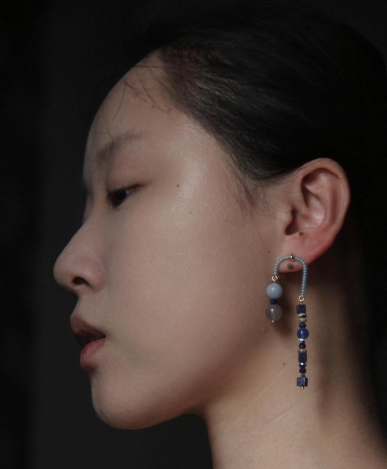 Chinoiserie Asymmetrical Blue Natural Stone Earrings,Lumivault.