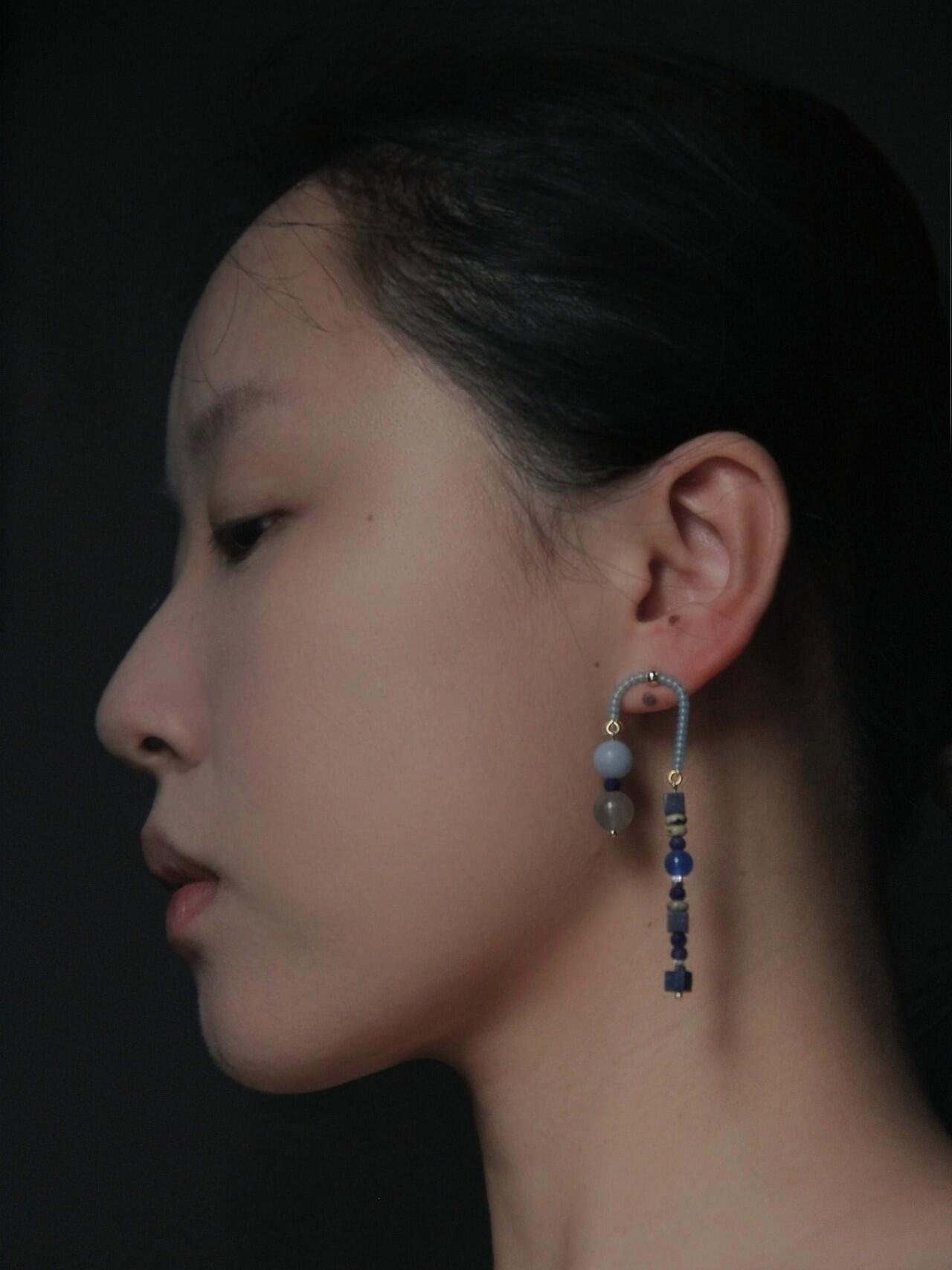 Chinoiserie Asymmetrical Blue Natural Stone Earrings,Lumivault.