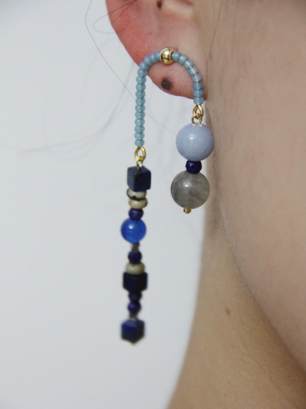 Chinoiserie Asymmetrical Blue Natural Stone Earrings,Lumivault.