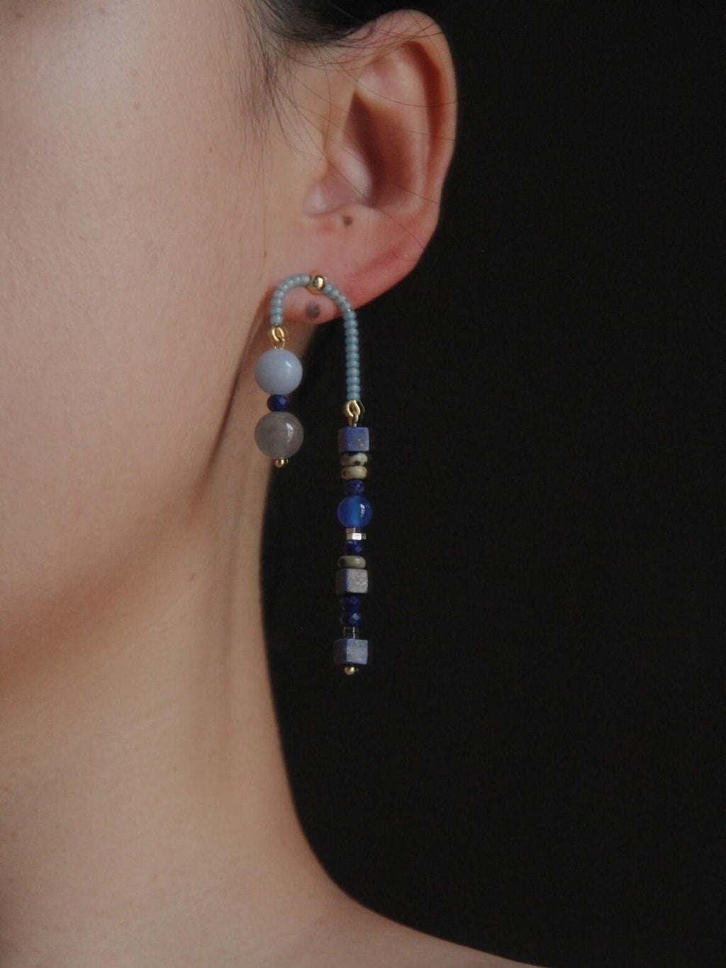 Chinoiserie Asymmetrical Blue Natural Stone Earrings,Lumivault.
