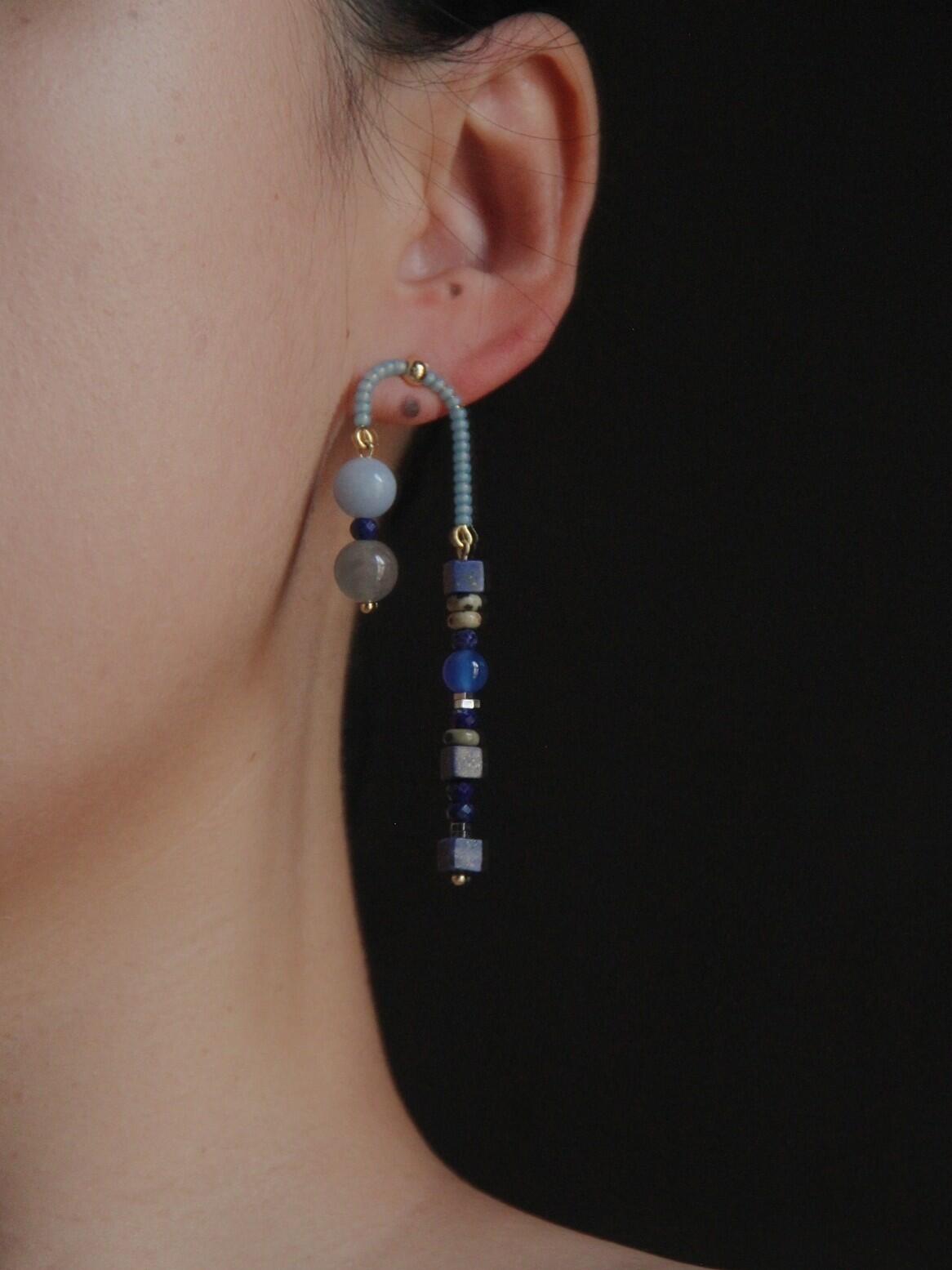 Chinoiserie Asymmetrical Blue Natural Stone Earrings,Lumivault.
