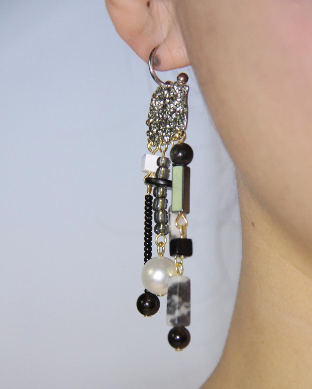 Chinoiserie Black & White Sweet Fairy Tassel Earrings,Lumivault.