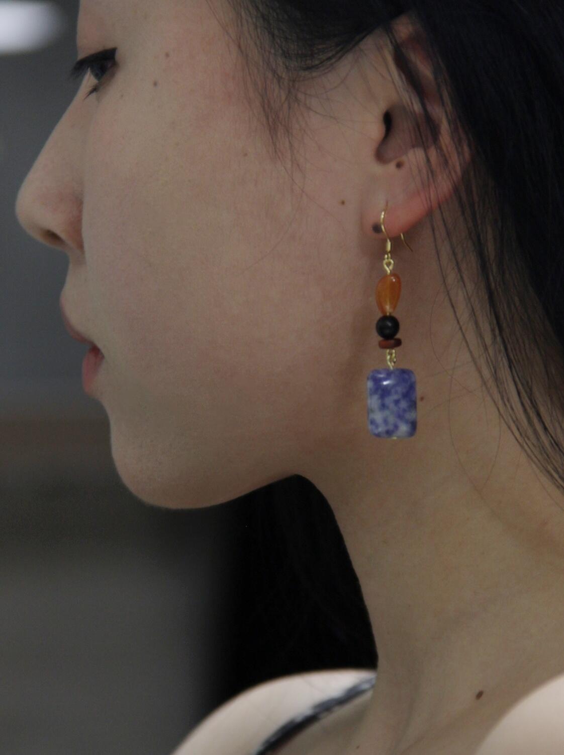 Chinoiserie Blue & White Porcelain Contrast Earrings,Lumivault.