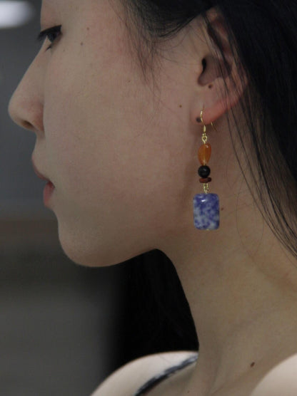 Chinoiserie Blue & White Porcelain Contrast Earrings - Lumivault