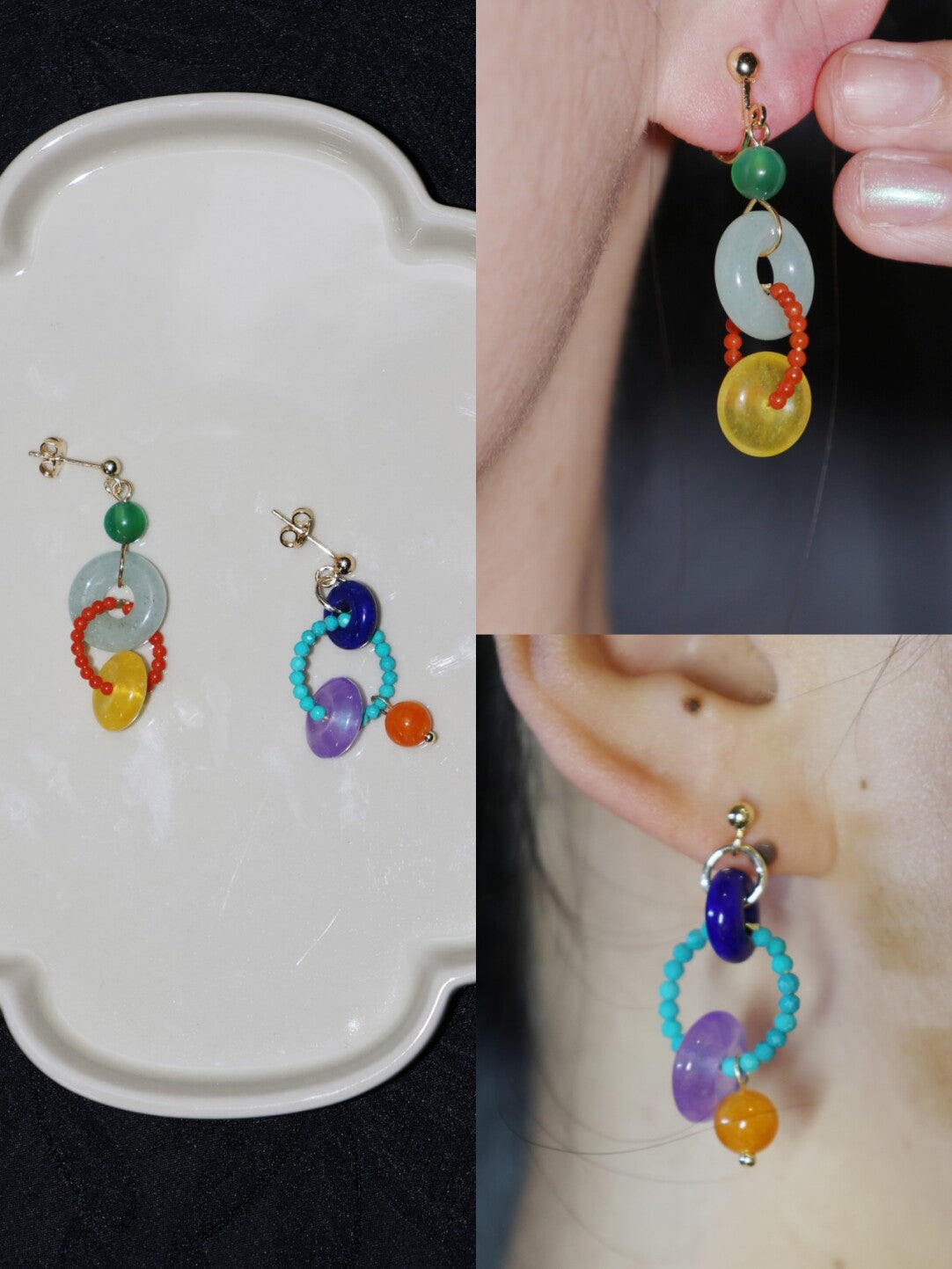 Chinoiserie Colorful Asymmetrical Hoop Earrings,Lumivault.