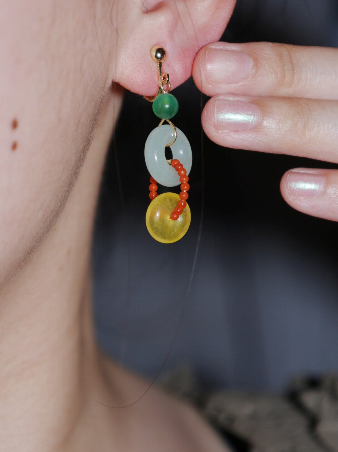 Chinoiserie Colorful Asymmetrical Hoop Earrings,Lumivault.