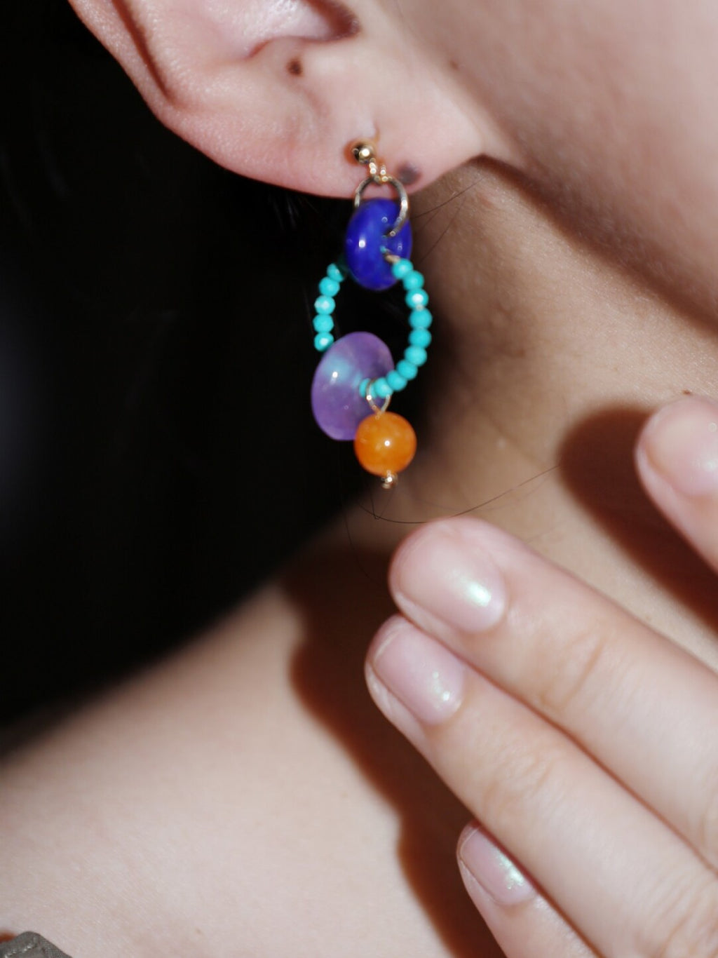 Chinoiserie Colorful Asymmetrical Hoop Earrings,Lumivault.